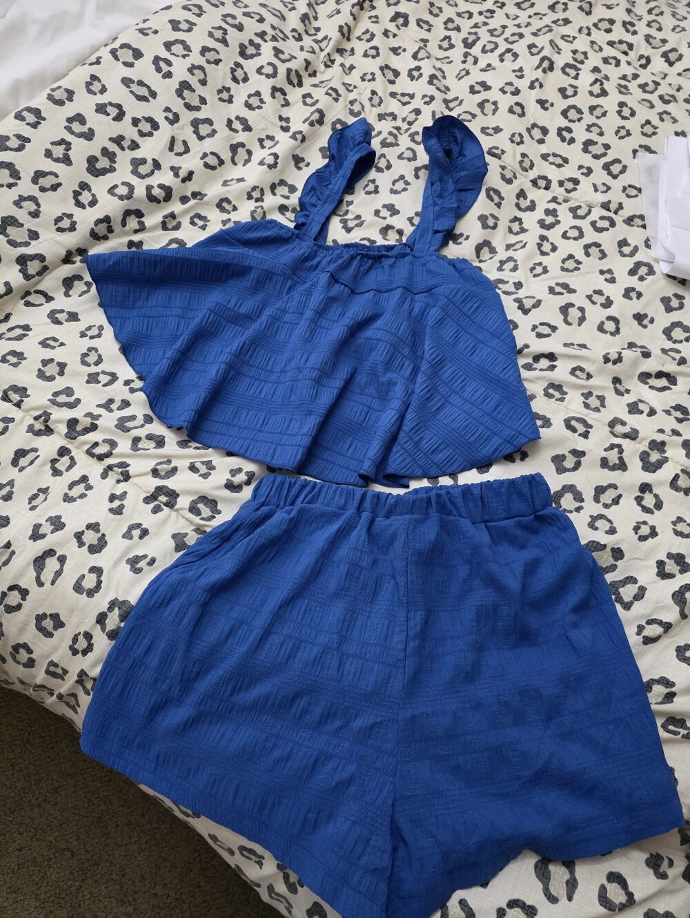 Super Cute!!! SHEIN Royal Blue Textured Two-Piece Crop Top & Shorts Set